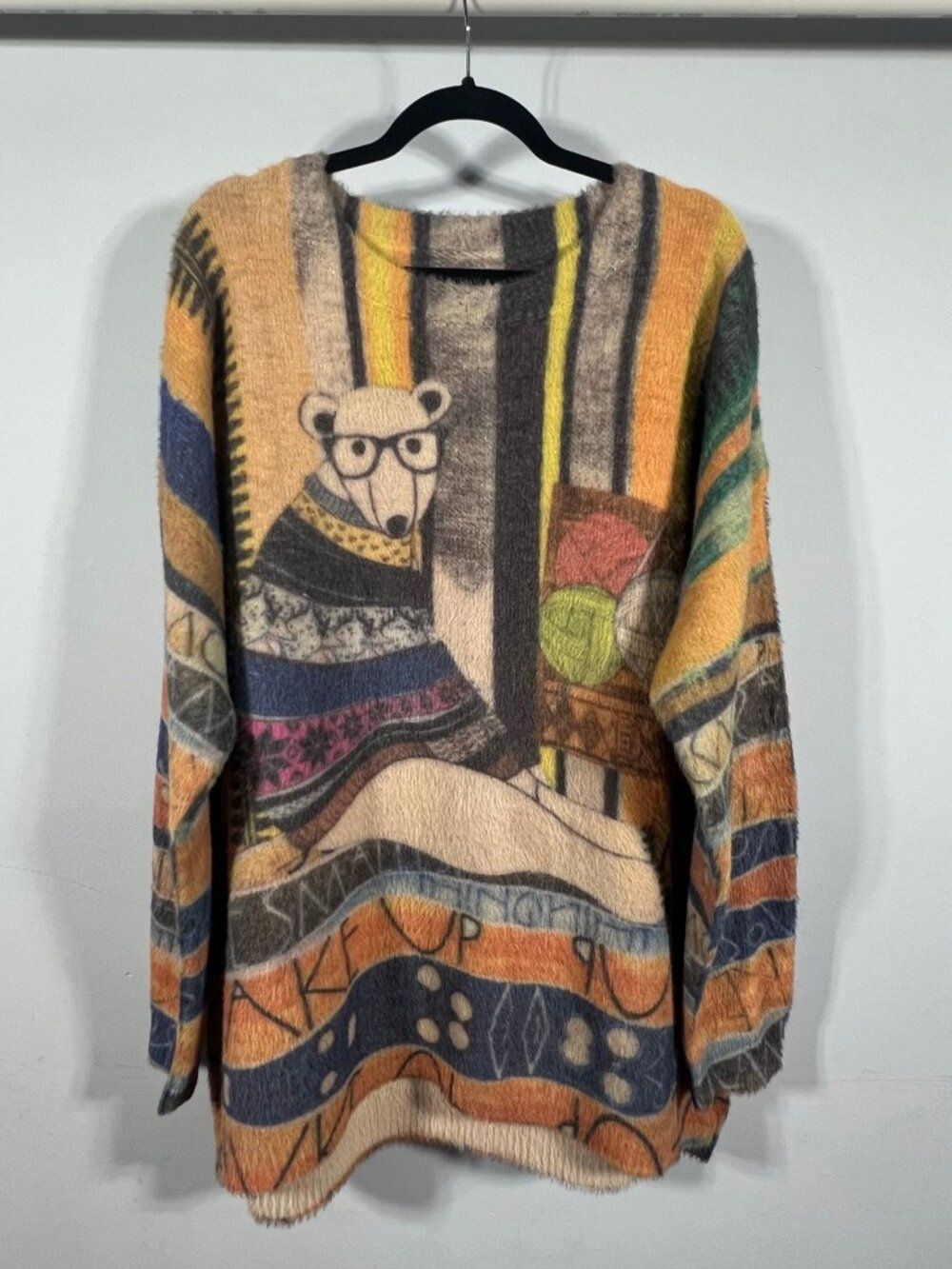 Oversized Wearable Art Sweater Womens One Size Wool Blend Long Sleeve Polar Bear